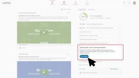 Student dashboard in Xello. The To-Do list with a custom portfolio is open and highlighted. The cursor is clicking Get started.